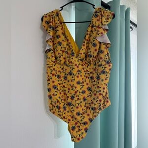 ModCloth Floral Yellow Ruffle One Piece Swimsuit 1X